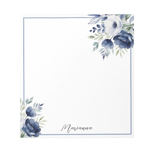 Bloco De Notas Buquê Floral Branco e Azul de Aquarela (Frente)