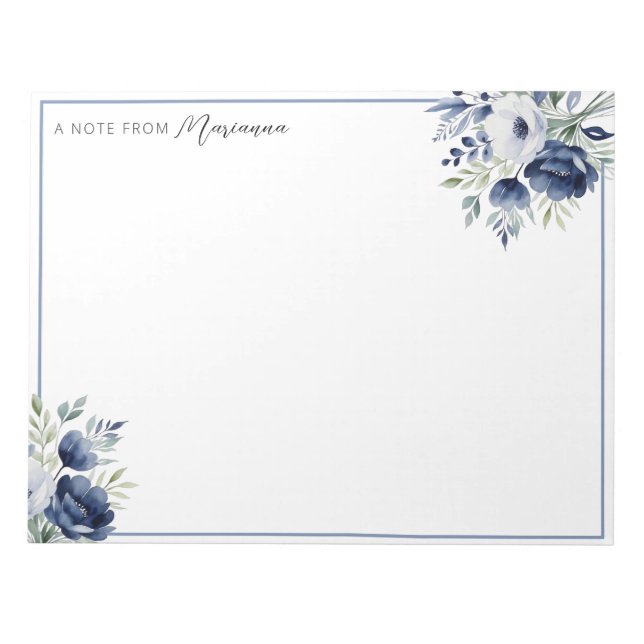 Bloco De Notas Buquê Floral Branco e Azul de Aquarela (Frente)