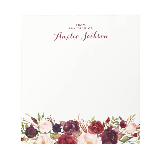 Bloco De Notas Burgundy Red Floral Personalizado Escritório Socia (Frente)