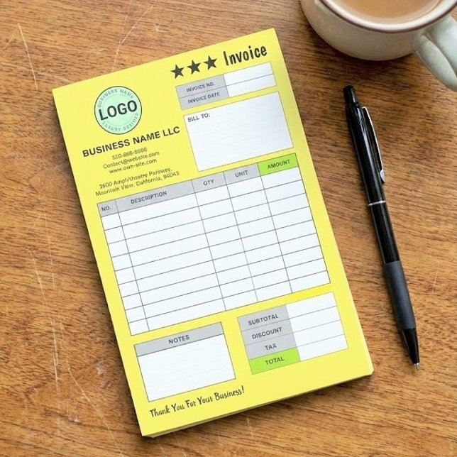 Bloco De Notas Business Logo Invoice Receipts | Custom Yellow Pad (yellow bill pad, personalized invoice post-it notes, business logo sticky notes)