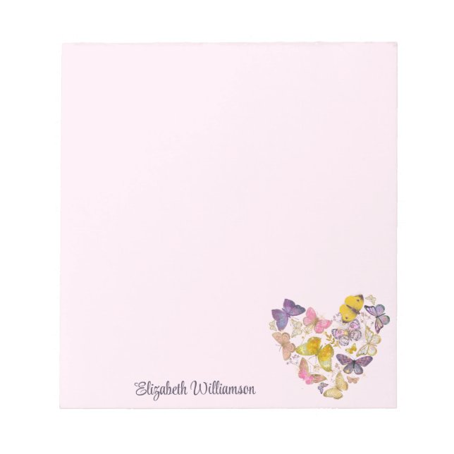 Bloco De Notas Butterfly Heart Feminine Pastel Pink Script Name (Frente)