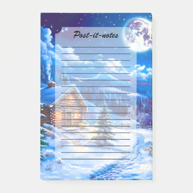 Bloco De Notas Cabana de Natal de Inverno Nevado sob a Lua (Frente)