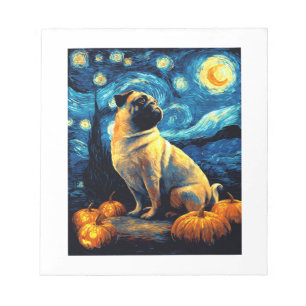 Bloco De Notas Cachorro Pug da noite estrelada de van gogh hallow