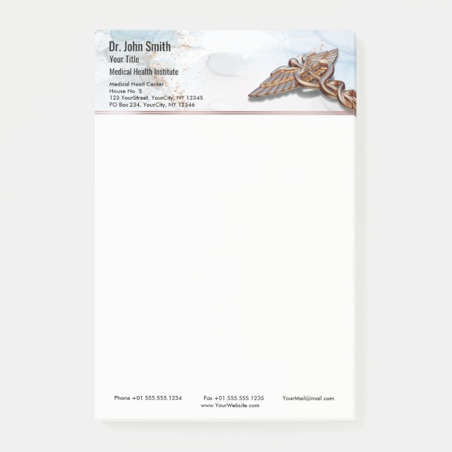 Bloco De Notas Caduceus Copper Rosa Dourado Médico Luxo Marble (Frente)