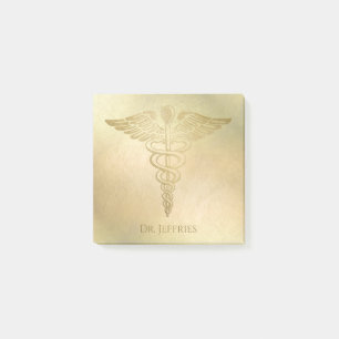 Bloco De Notas Caduceus Elegante Dourado Nome do Médico Monograma