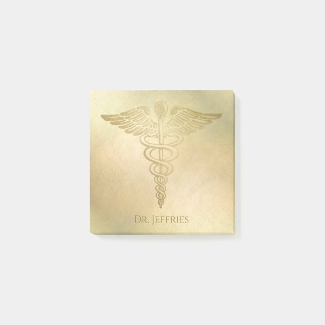 Bloco De Notas Caduceus Elegante Dourado Nome do Médico Monograma (Frente)