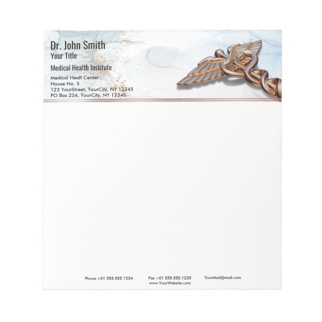 Bloco De Notas Caduceus Rosa de cobre Dourado mármore médico luxu (Frente)