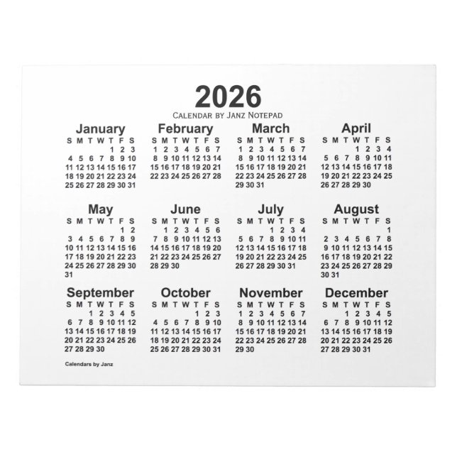 Bloco De Notas Calendário Branco de 2026 por Notepad 11x8.5 de ja (Frente)