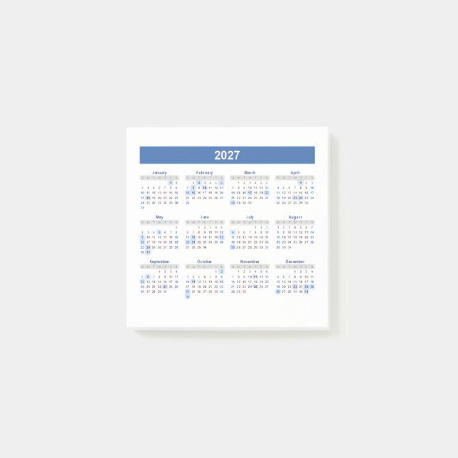 Bloco De Notas Calendário Mensal 2027 Versão Azul (Frente)