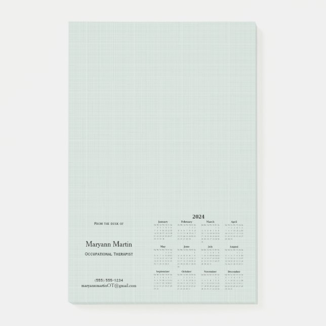 Bloco De Notas Calendário Mensal Verde 2024 Personalizado (Frente)