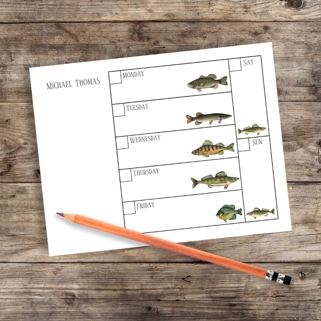Bloco De Notas Calendário Semanal de Peixes Simples Moderno (Fishing weekly calendar. with the days of the week and freshwater fish.)
