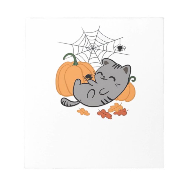 Bloco De Notas Camiseta Clássica Gatinho de Halloween e Aranhas (Frente)