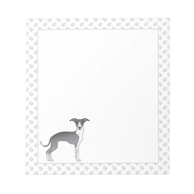Bloco De Notas Cão De Greyhound Italiano Azul E Branco Com Patas (Frente)