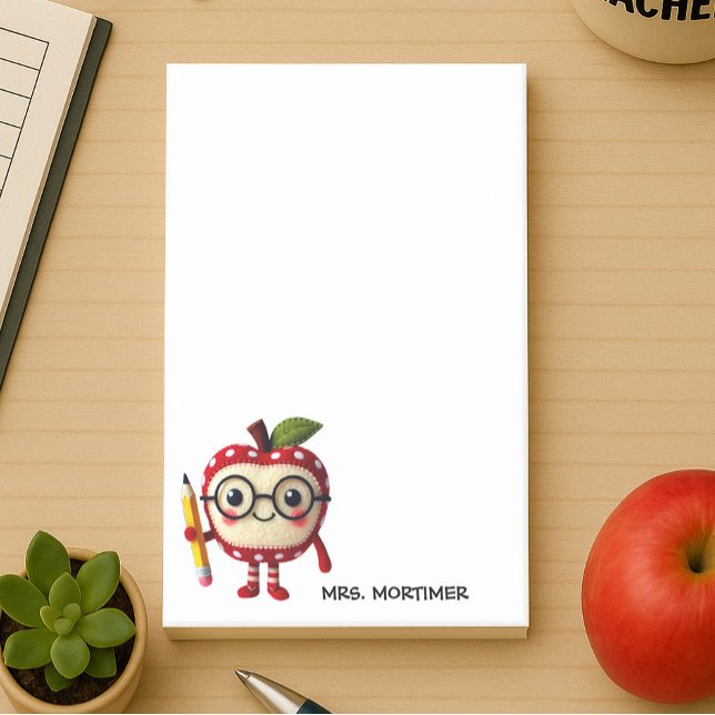 Bloco De Notas Caractere de Maçã Vermelha Cuta com Nome de Profes (4 x 6 sticky notes for teachers with a cute apple character holding a pencil personalize with a name)