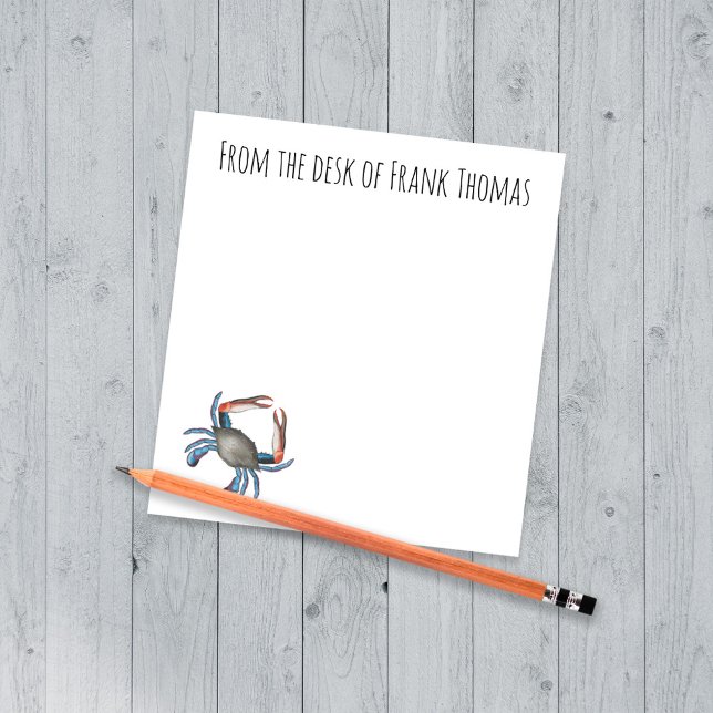 Bloco De Notas Caranguejo Azul Simples Na moda náutico (Blue Crab Personalized Watercolor Note Pad)