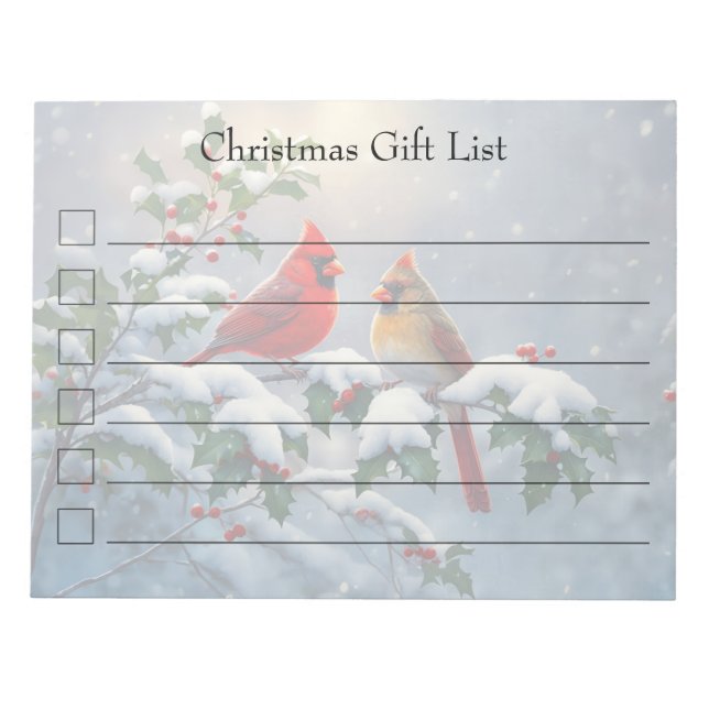 Bloco De Notas Cardeais vermelhos e Holly na neve (Frente)