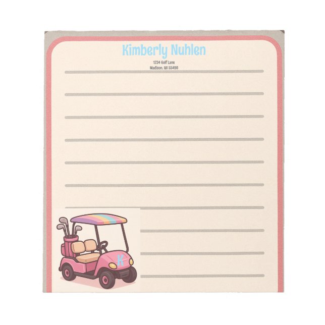 Bloco De Notas Carrinho de Golfe Rosa Personalizado (Frente)