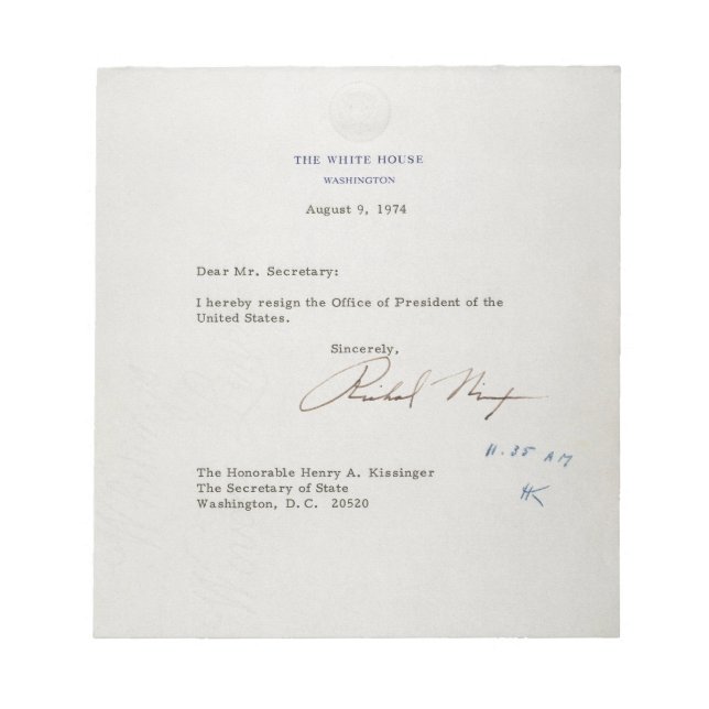 Bloco De Notas Carta de Renúncia de Richard M. Nixon 1974 (Frente)