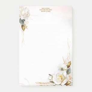 Bloco De Notas Carta Floral Romântica Dourada Rosa Branca