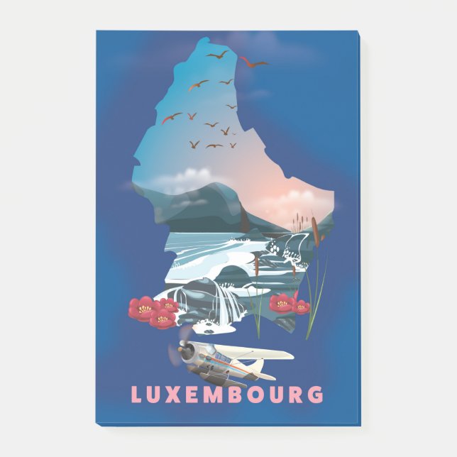 Bloco De Notas Cartaz de viagem ilustrado do mapa de Luxemburgo. (Frente)