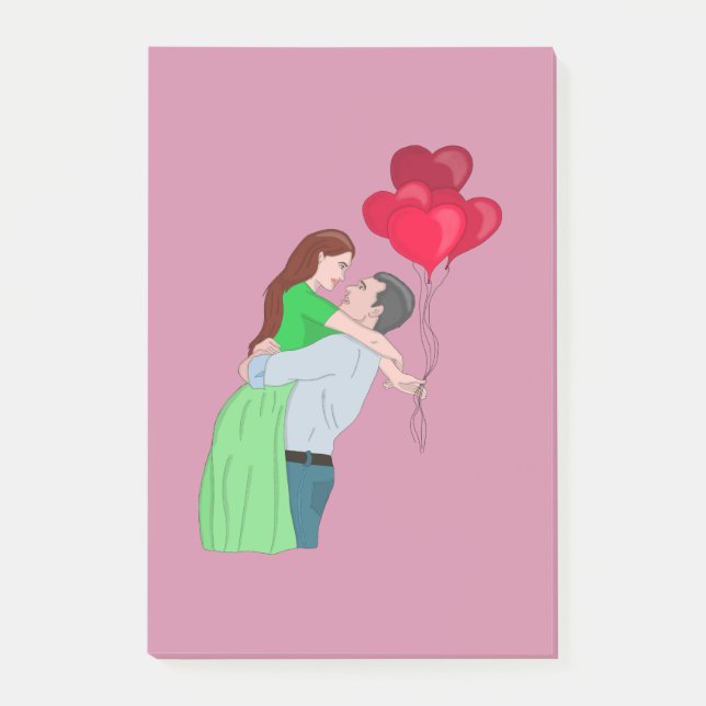 Bloco De Notas Casal Hugging Enquanto Segurava Balões Em Forma De (Frente)