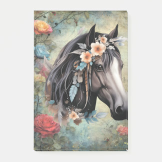 Bloco De Notas Cavalo marrom em flores.