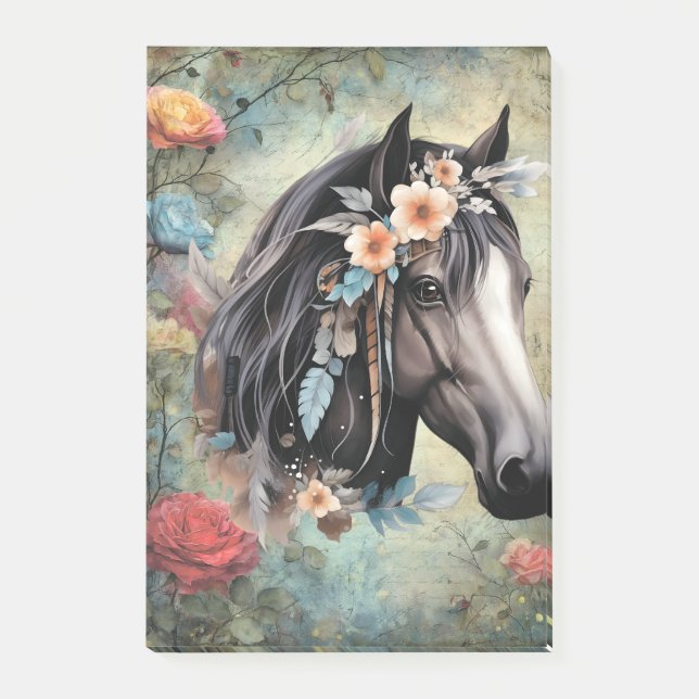 Bloco De Notas Cavalo marrom em flores. (Frente)