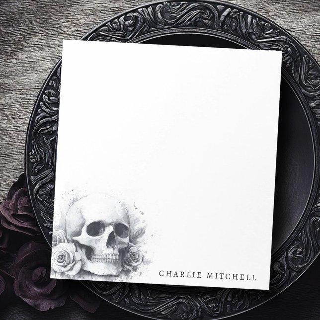 Bloco De Notas Caveira com pintura de aquarela de rosas (Skull with roses watercolor painting notepad)