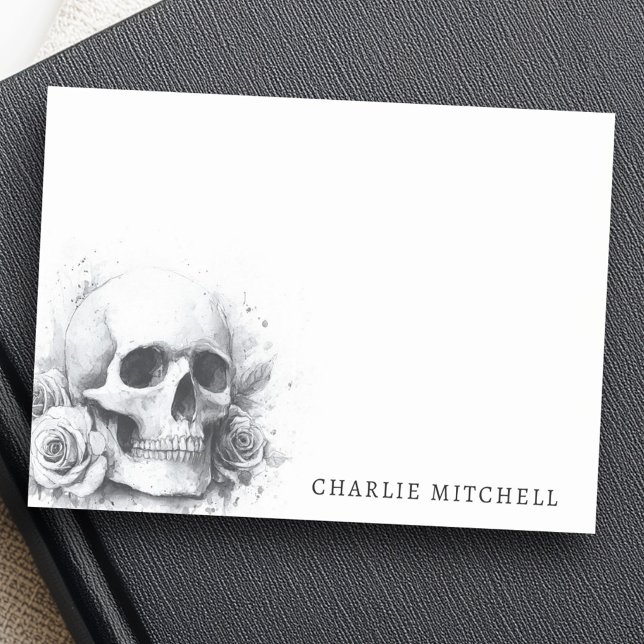 Bloco De Notas Caveira com pintura de aquarela de rosas (Skull with roses watercolor painting post-it notes)