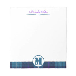 Bloco De Notas Celadon Blue-Dark Xadrez Tartan Monograma