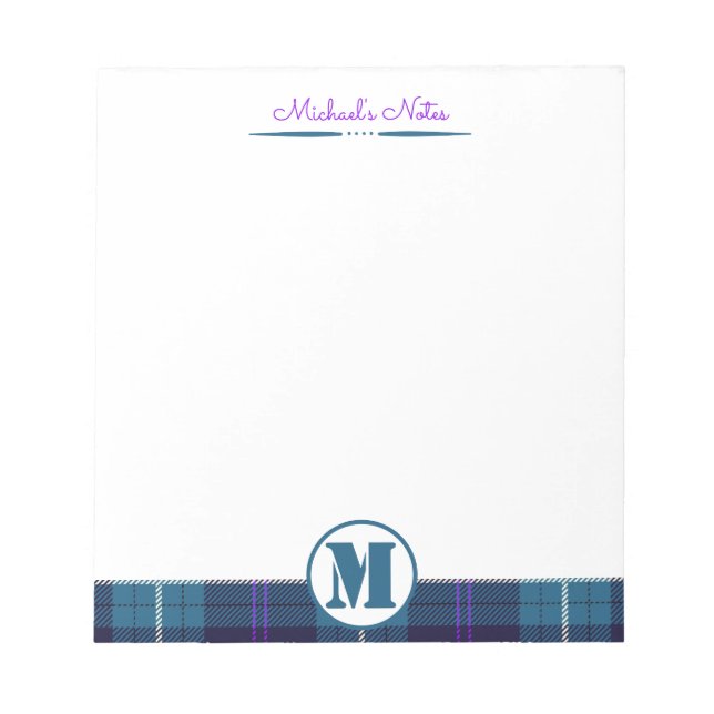 Bloco De Notas Celadon Blue-Dark Xadrez Tartan Monograma (Frente)