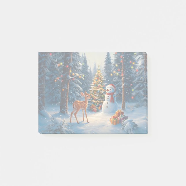 Bloco De Notas Cena da Árvore de Natal Fofo Deer Fawn Snowman (Frente)