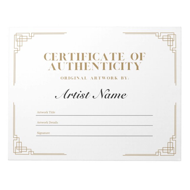 Bloco De Notas Certificado de Autenticidade Personalizado do Art  (Frente)