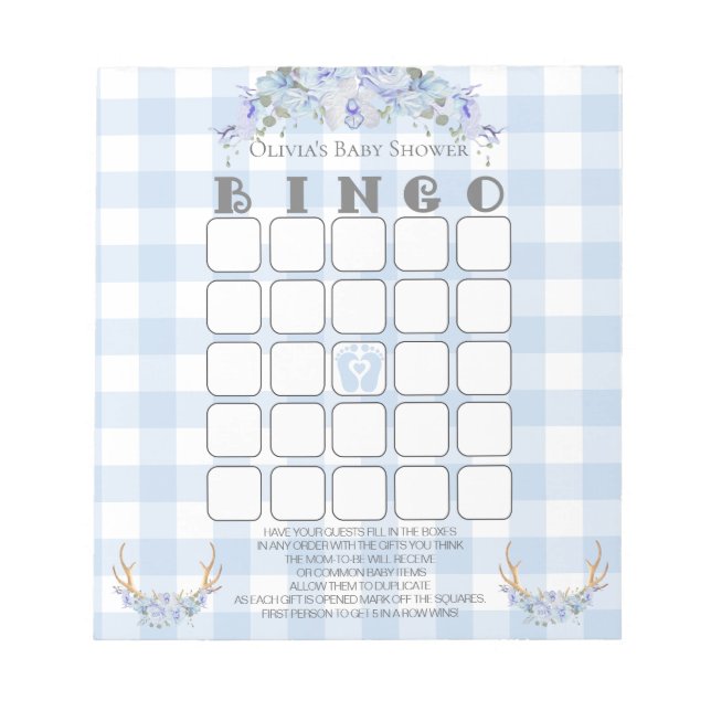 Bloco De Notas Chá de fraldas Bingo BOHO Baby Blue Gingham (Frente)