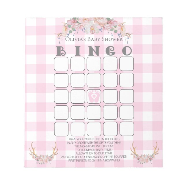 Bloco De Notas Chá de fraldas Bingo BOHO Baby Pink Gingham (Frente)