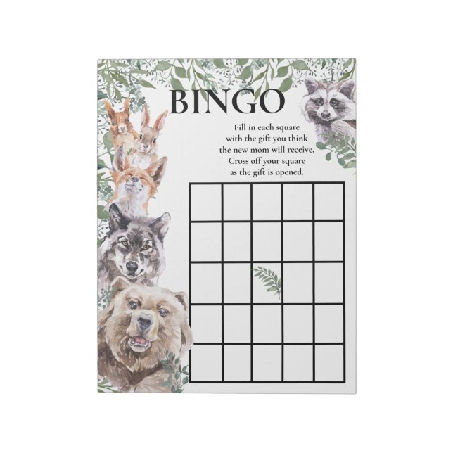 Bloco De Notas Chá de fraldas Bingo Woodland Animais Aquarela  (Invertido)