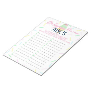 Bloco De Notas Chá de fraldas sorvete ABC Bebê Name Game Pack