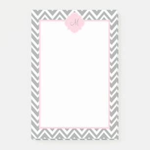 Bloco De Notas Chevron cinzento e branco do monograma com rosa