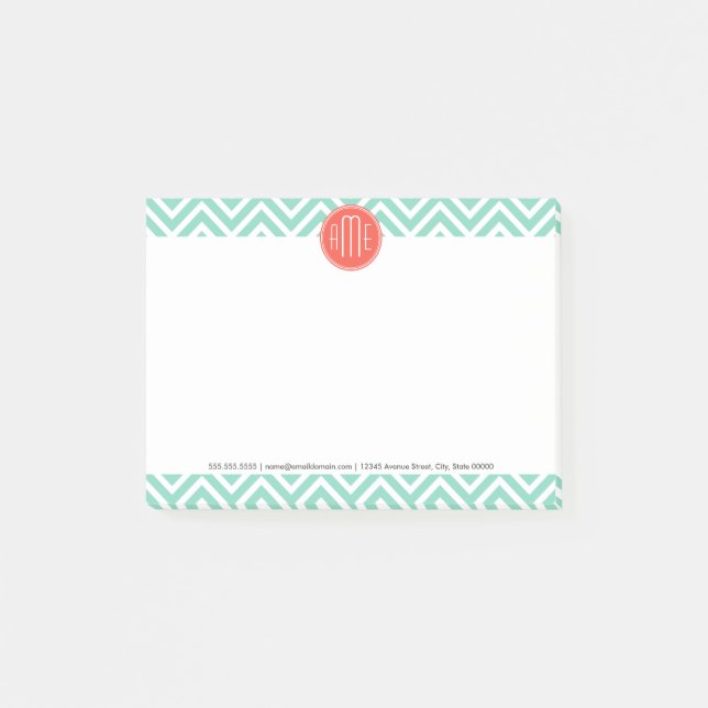 Bloco De Notas Chic Aqua Green Chevron e Orange Custom Monograma (Frente)