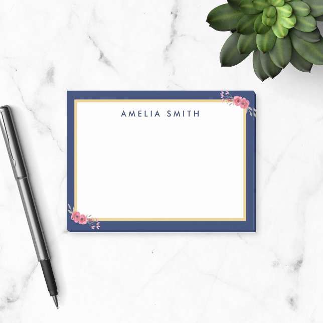 Bloco De Notas Chic Personalized Name Blue Border Pink Flowers (Criador carregado)