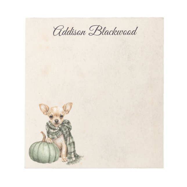 Bloco De Notas Chihuahua com uma Abóbora Verde Outonal Personaliz (Frente)