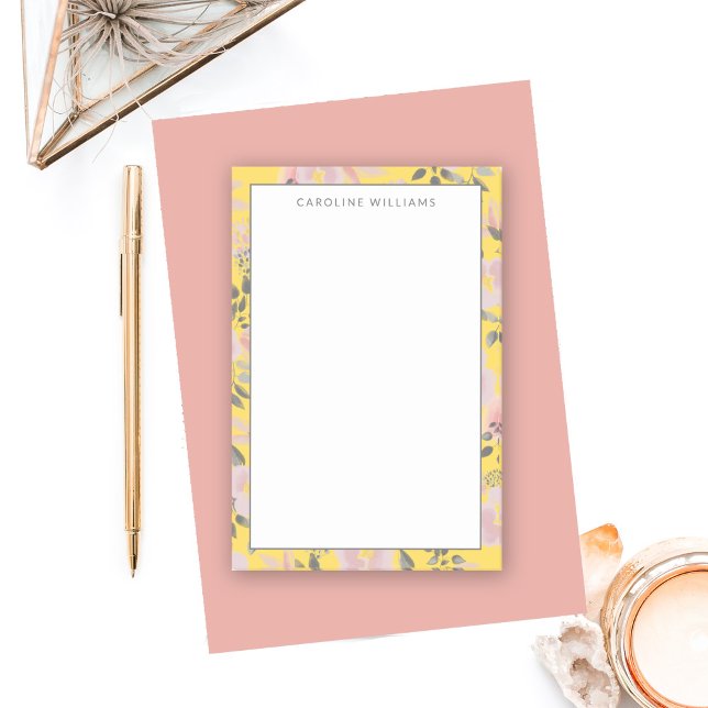Bloco De Notas Cinza Amarelo Cheio Floral com Nome (Criador carregado)