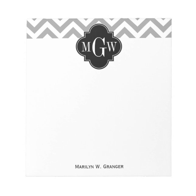 Bloco De Notas Cinza Dk Lg Chevron Black Quatrefoil 3 Monograma (Frente)