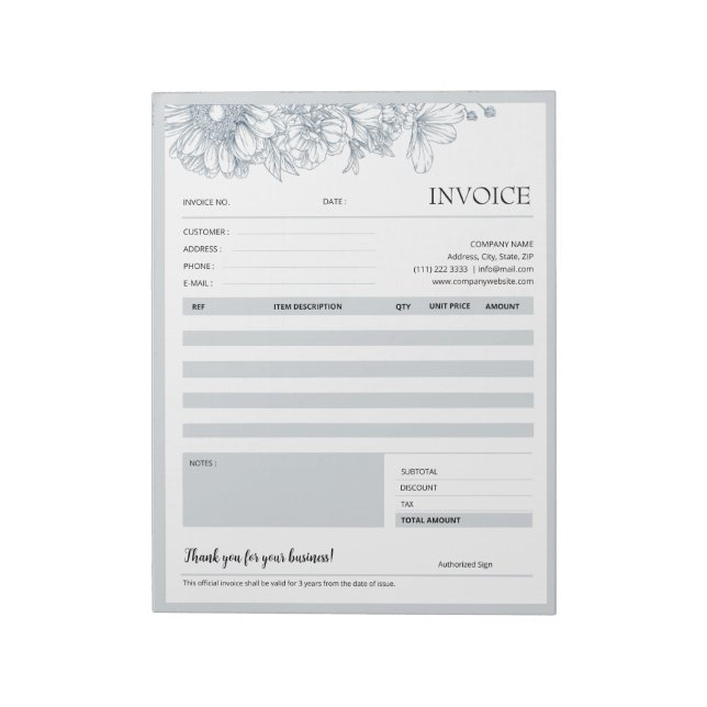 Bloco De Notas Cinza Floral Border Small Business Modelo de NFF (Invertido)