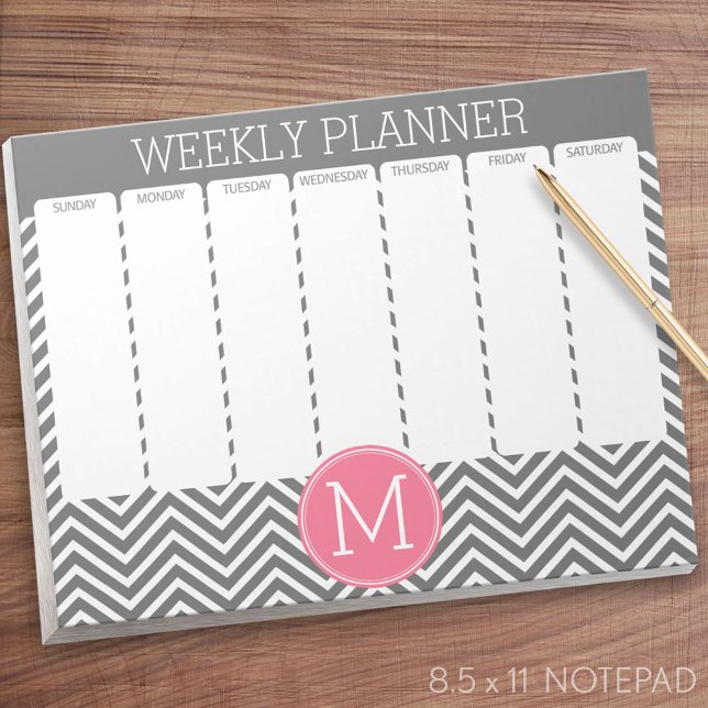 Bloco De Notas Cinzas de Planejador Semanal e Cevrons Rosa com Mo (Weekly Planner Notepad - Personalized)