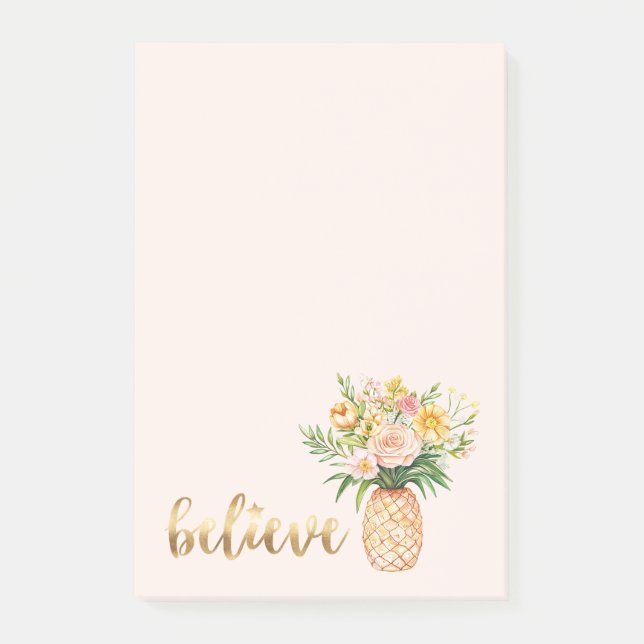 Bloco De Notas Citação Tropical de Abacaxi Floral Dourado Acredit (Frente)