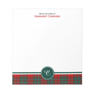 Bloco De Notas Clã Vermelho e Verde Cummings Tartan Monograma