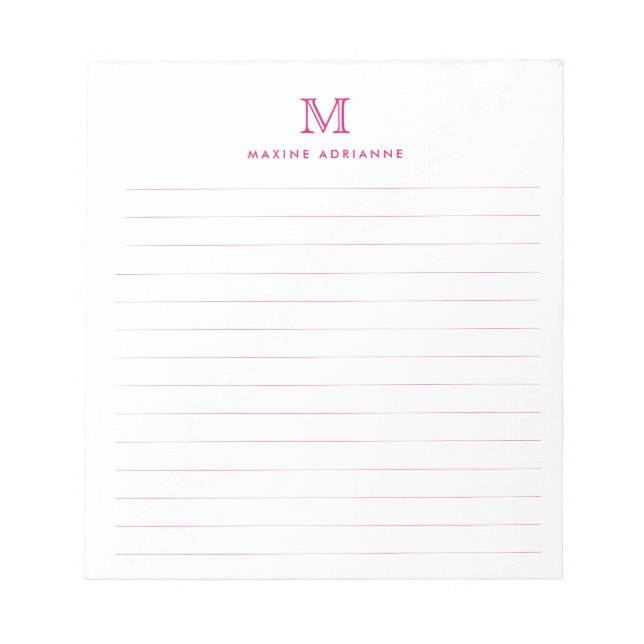 Bloco De Notas Clássico Moderno Simples Monograma Rosa Magenta Li (Frente)