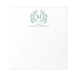 Bloco De Notas Clássico Monograma de Crista Floral Verde Vintage