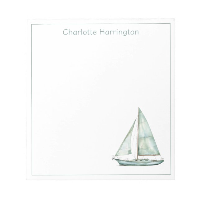 Bloco De Notas Coastal Blue Watercolor Sailboat Personalized (Frente)